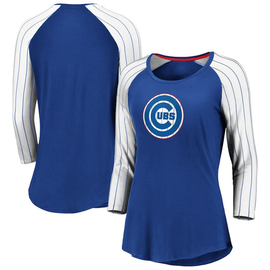 Women's Chicago Cubs Fanatics Branded Royal Iconic Pinstripe Raglan 3/4-Sleeve T-Shirt