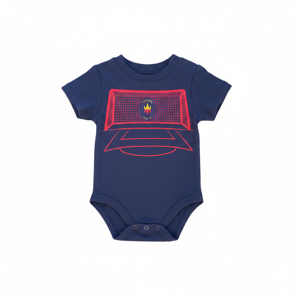 Navy infant bodysuit with a graphic print of a soccer goal and a logo in the center.