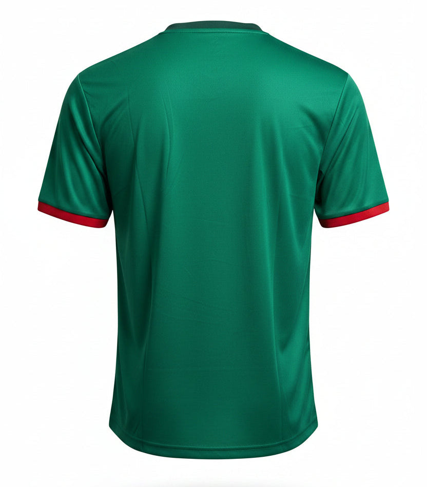 Green sports jersey with red accents on a white background