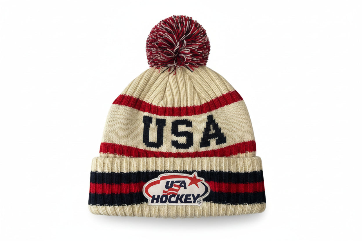 USA 2026 Hockey Shield Official Licensed Vintage Cream Knit Hat