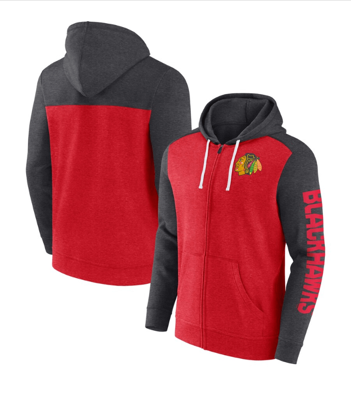 Chicago Blackhawks Fanatics Down and Distance Full-Zip Hoodie - Heather Red/Heather Charcoal