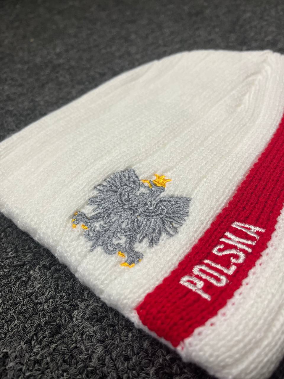 Polish Polska Knit Winter Hat - White With Eagle - Made in Poland