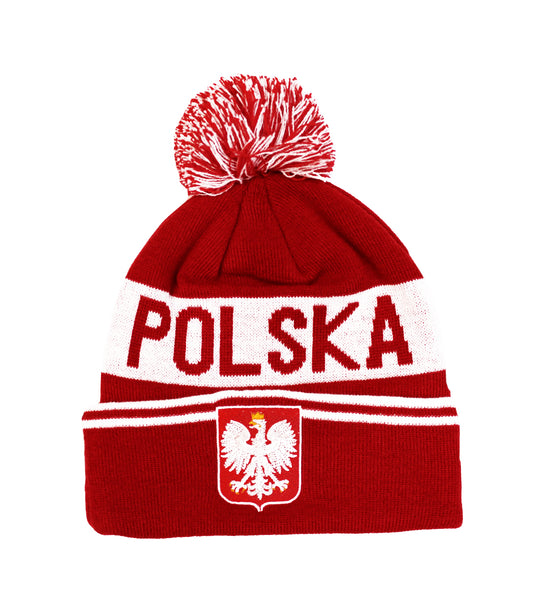 Polska Pom Beanie Red With Polish Eagle Embroidered Logo