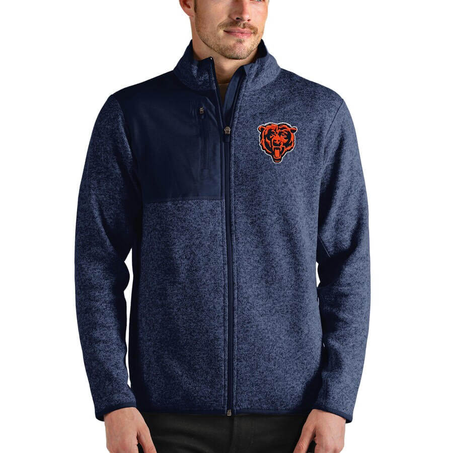 Chicago Bears Men's Antigua Heathered Navy Bear Head Fortune Full-Zip Jacket