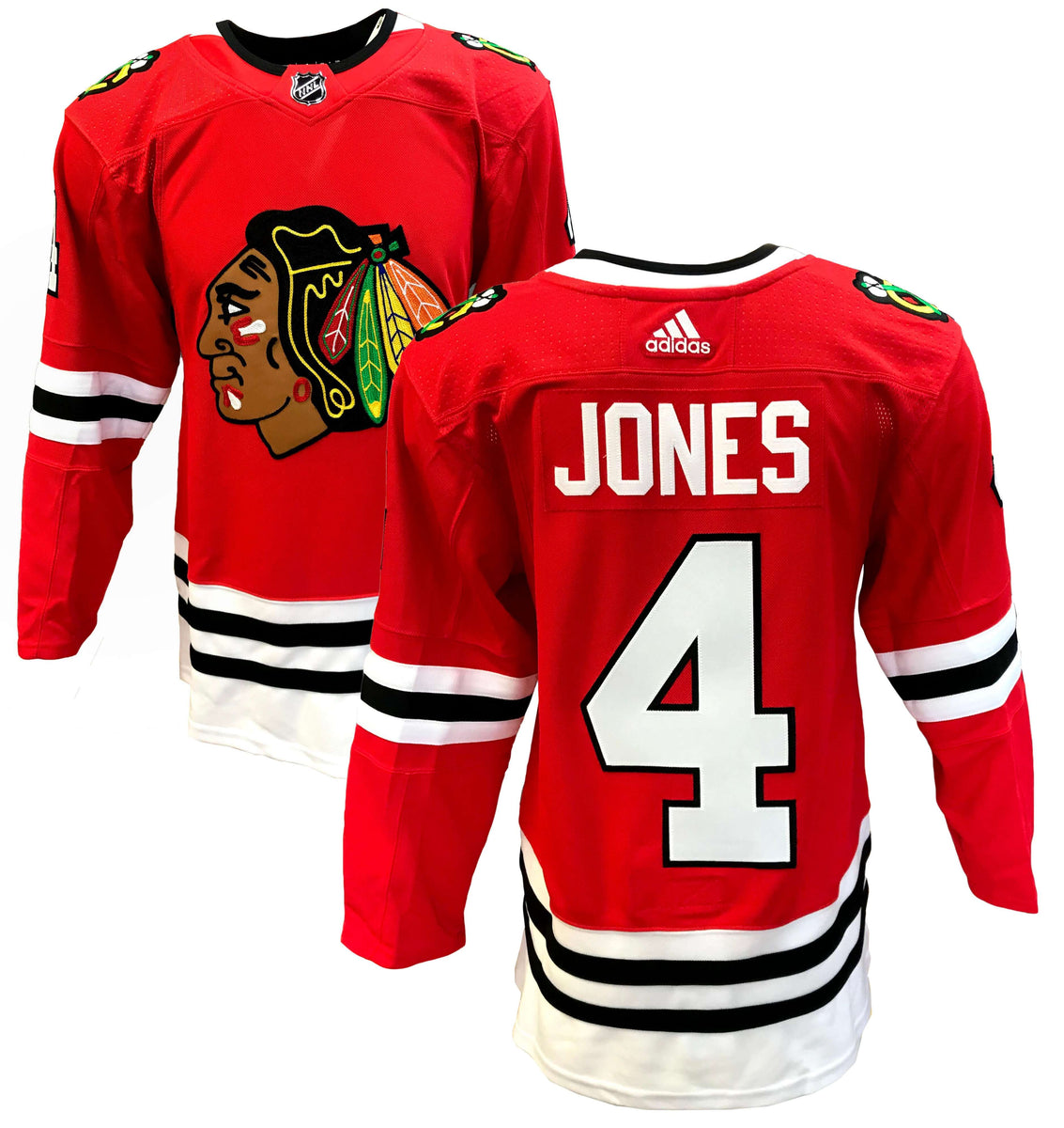 Seth Jones Chicago Blackhawks Unsigned Skates in Red Jersey Photograph