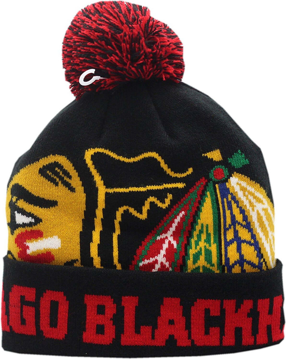 Lids Chicago Blackhawks Mitchell & Ness Stripe Cuffed Knit Hat with Pom -  Black