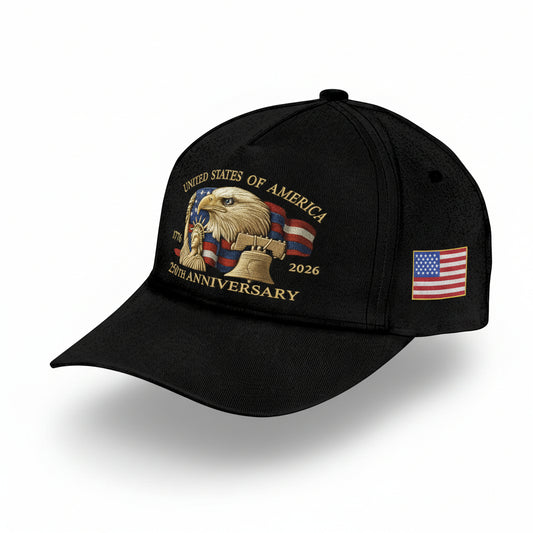 Black cap with American flag and eagle design on a wooden surface