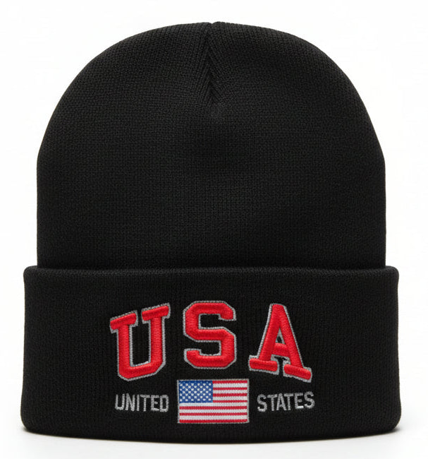 Team USA Embroiderred Black Beanie with American Flag