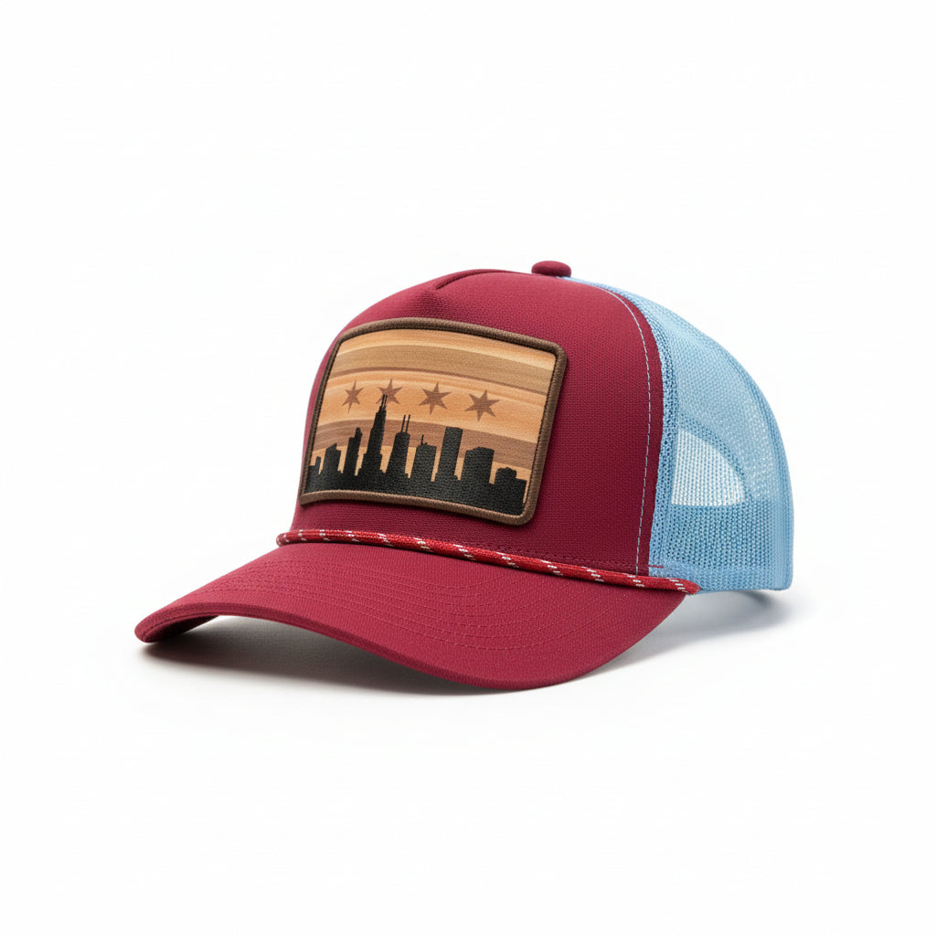 Chicago Skyline Maroon Roped Trucker Hat