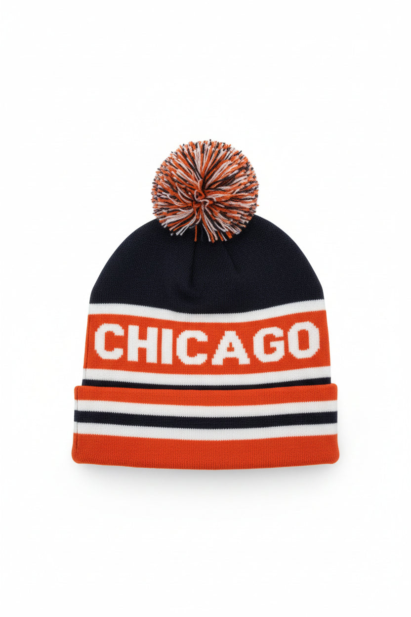 Chicago Orange, Navy, and White Striped Skull Cap Pom Knit Hat