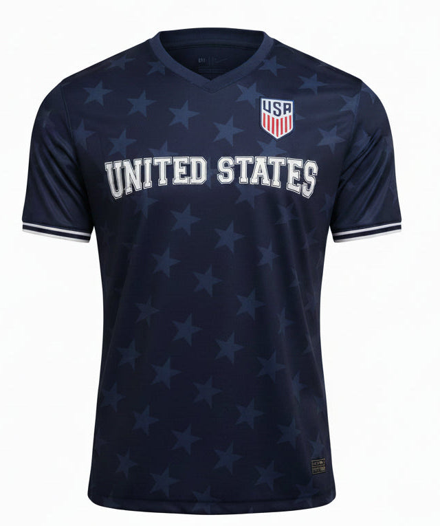 Navy blue sports jersey with 'United States' text on a mannequin in a store setting.