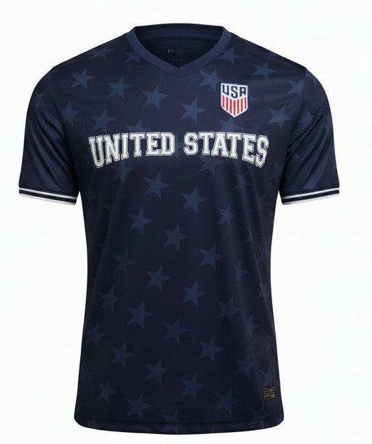 Navy blue sports jersey with 'United States' text on a mannequin in a store setting.