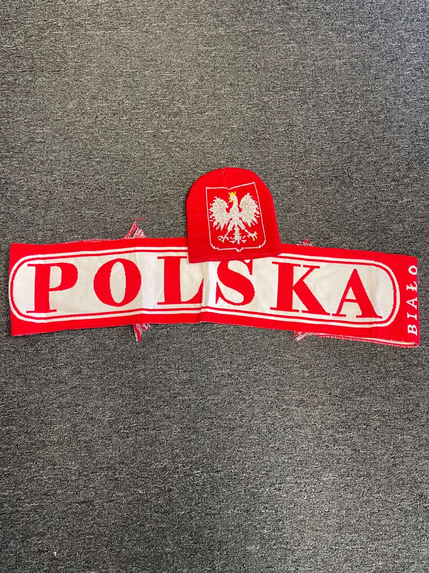 SET: Polska Winter Hat With Polish Eagle Logo & Poland Scarf - Red & White