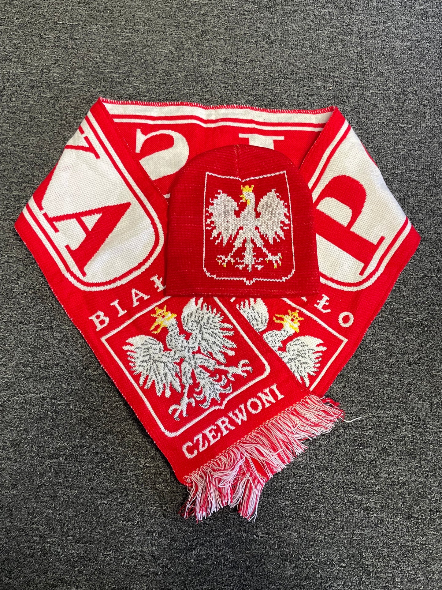 SET: Polska Winter Hat With Polish Eagle Logo & Poland Scarf - Red & White