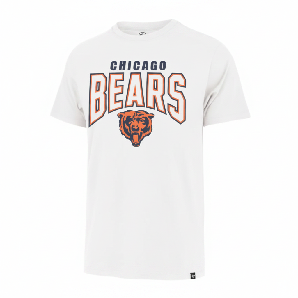 A white short-sleeve crewneck t-shirt featuring the Chicago Bears logo and text on the front, displayed against a plain white background.