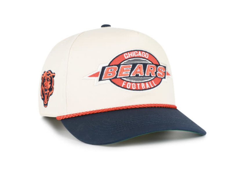 A Chicago Bears Football baseball cap featuring an off-white crown, a navy blue brim, and a navy blue side patch with the bear logo. The front displays a large red and navy blue 'Chicago Bears Football' logo.