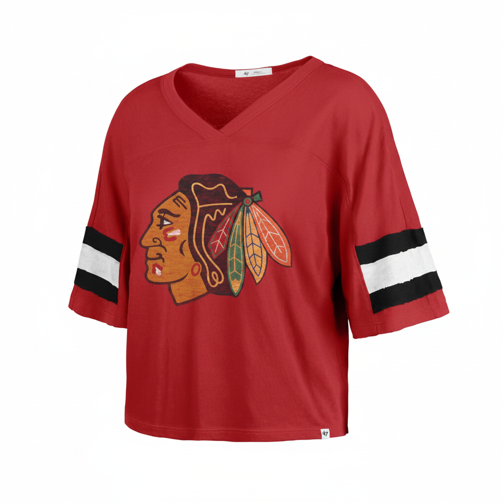 A red women's 3/4 sleeve V-neck jersey featuring the Chicago Blackhawks logo on the front and black and white striped sleeve accents.