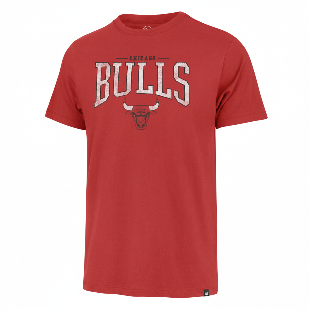 A red short-sleeve crewneck t-shirt featuring a white and gray 'CHICAGO BULLS' graphic with the team logo on the front, displayed on a clean white background.