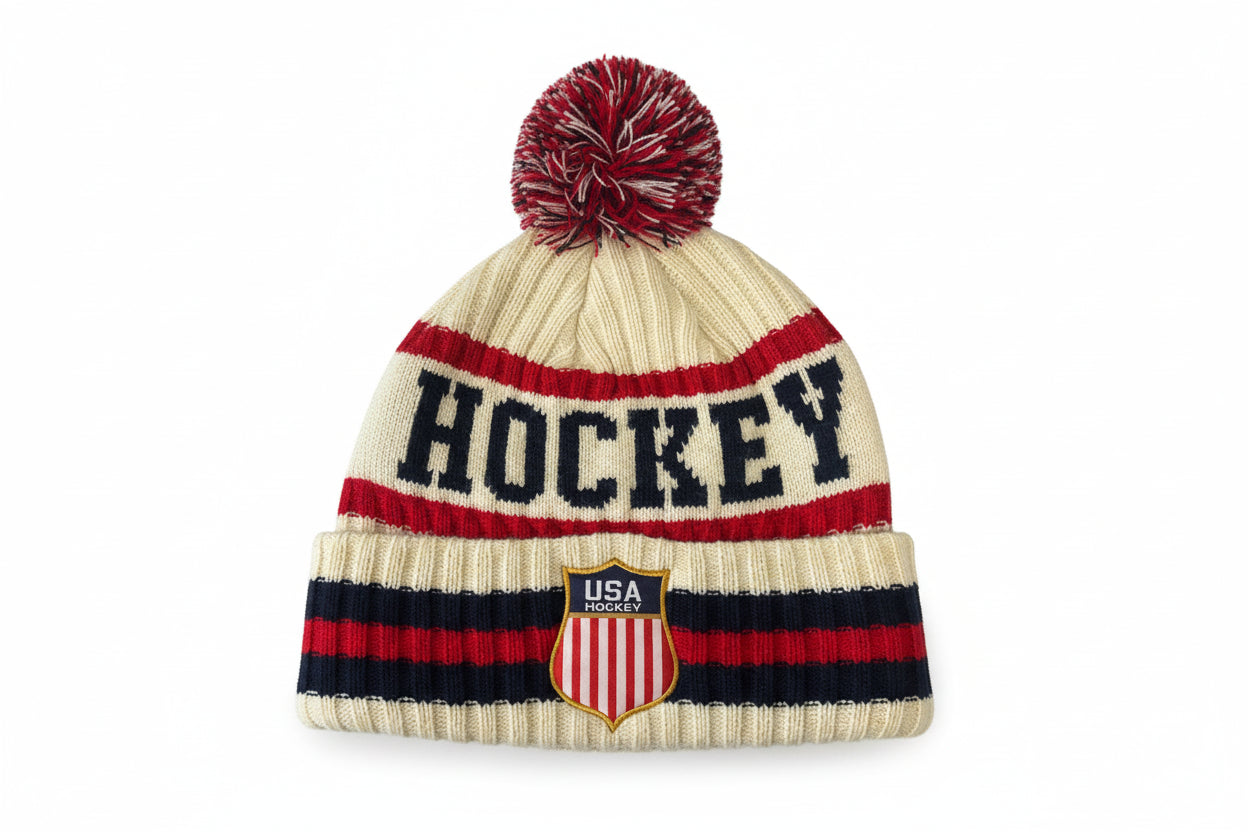 USA 2026 Hockey Shield Official Licensed Vintage Cream Knit Hat