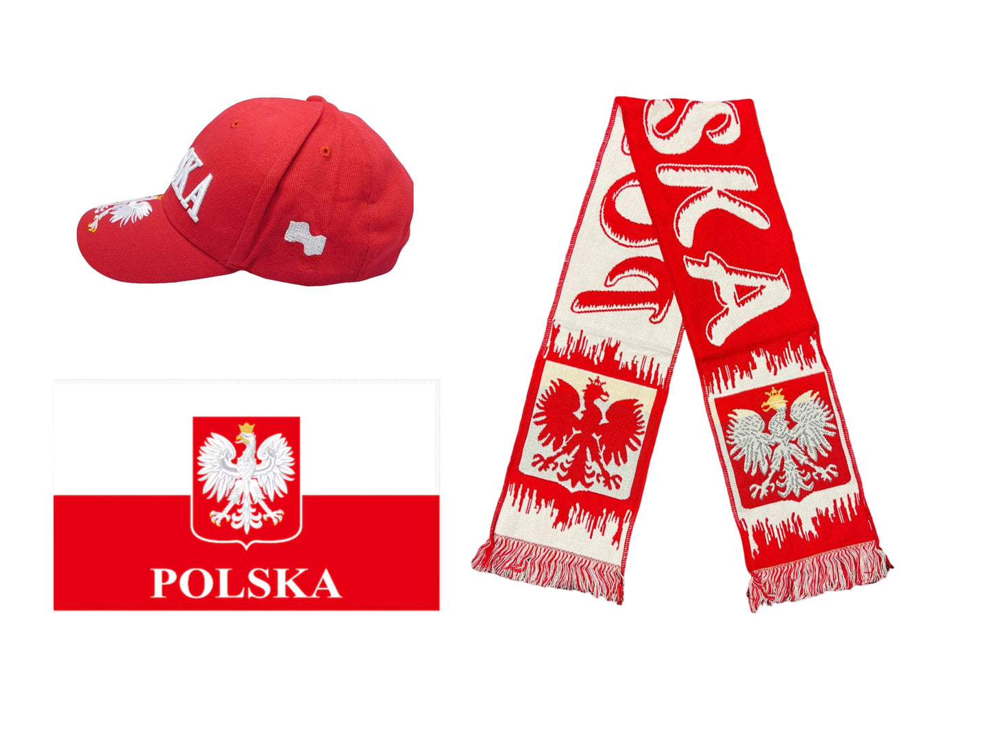 Polish 100D Flag + Polska Hat With Eagle Embloidered + Poland Scarf