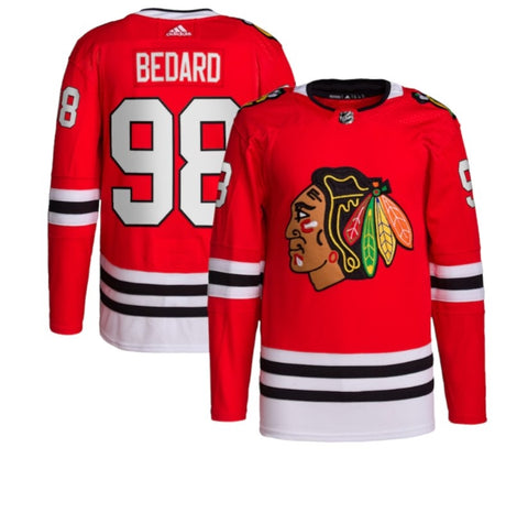 Conor Bedard jersey red home auntentic chicago blackhawks front and back 98