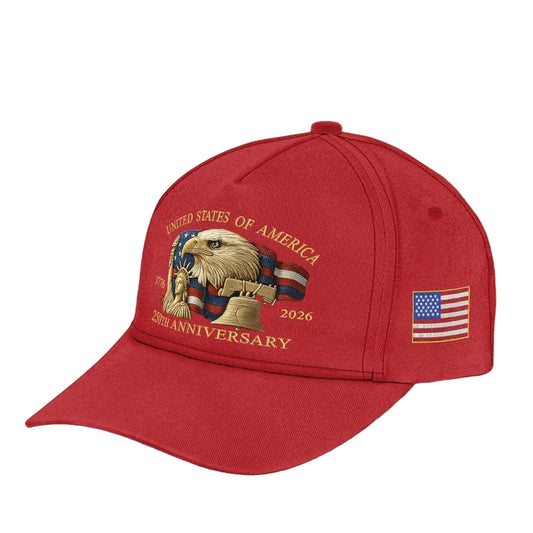 Red cap with American eagle emblem and text on a wooden surface