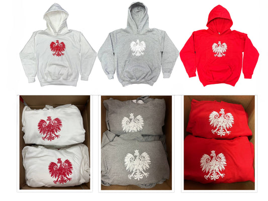 Bulk of Polish Hoodie Youth With Polska National Eagle Printed Red/White/Charcoal 10 Pack