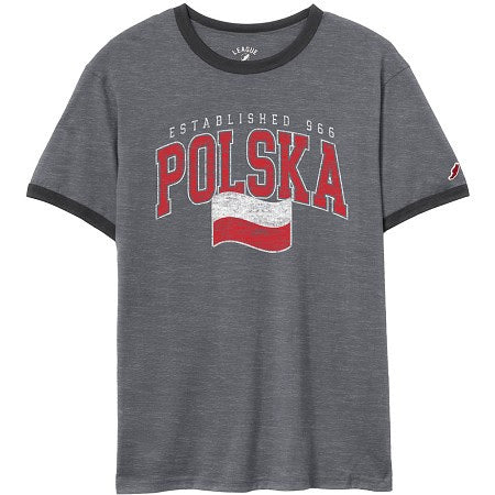 Gray t-shirt with 'Polska' and flag design on a white background