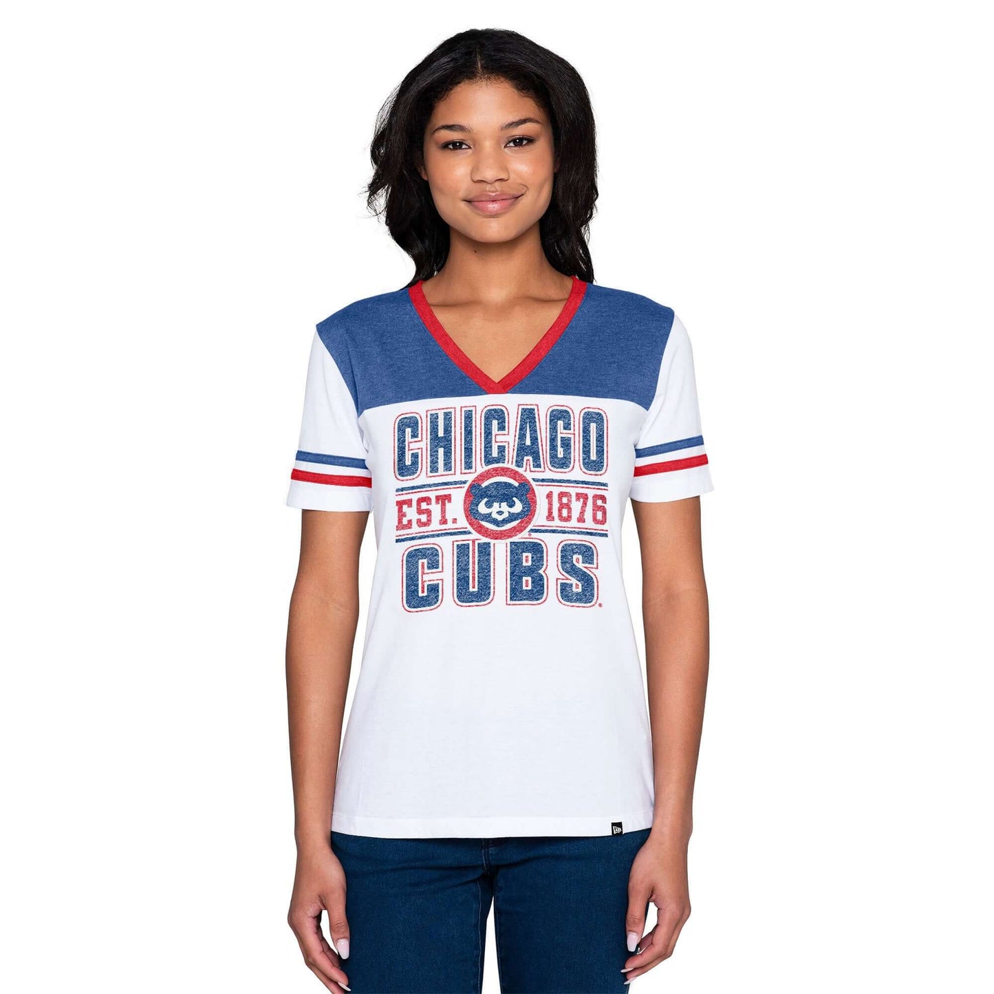 Chicago Cubs New Era Women's V-neck T Shirt - Blue/White