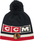 Chicago Blackhawks Vintage Logo Knit Hat with Pom CCM NHL Official Black Beanie