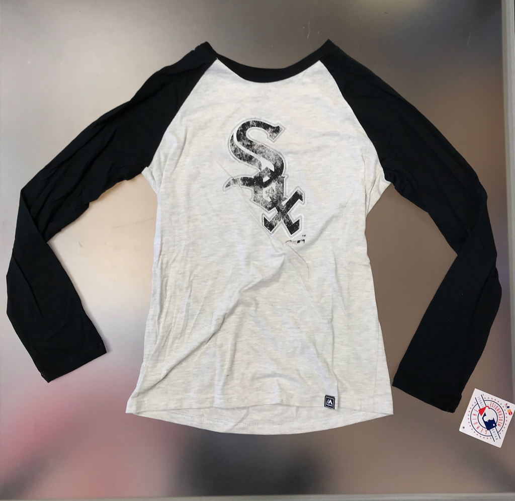 Majestic Chicago White Sox Youth Cream/Black American Baseball Long Sleeve Raglan T-Shirt Size: Youth Large