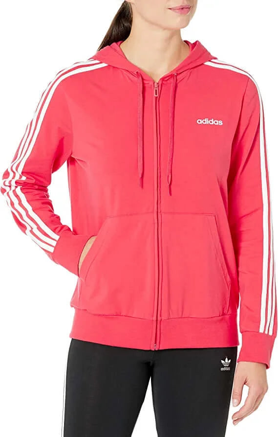 Adidas Women s Essentials 3 Stripes Jersey Full Zip Hoodie Size Medium Pink
