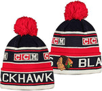 Adidas Chicago Blackhawks Adult RETRO NHL Cuffed Pom Knit Beanie - Black,