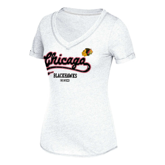 Chicago Blackhawks CCM Skate lace Sweep V-Neck Tee, NHL White Heathered