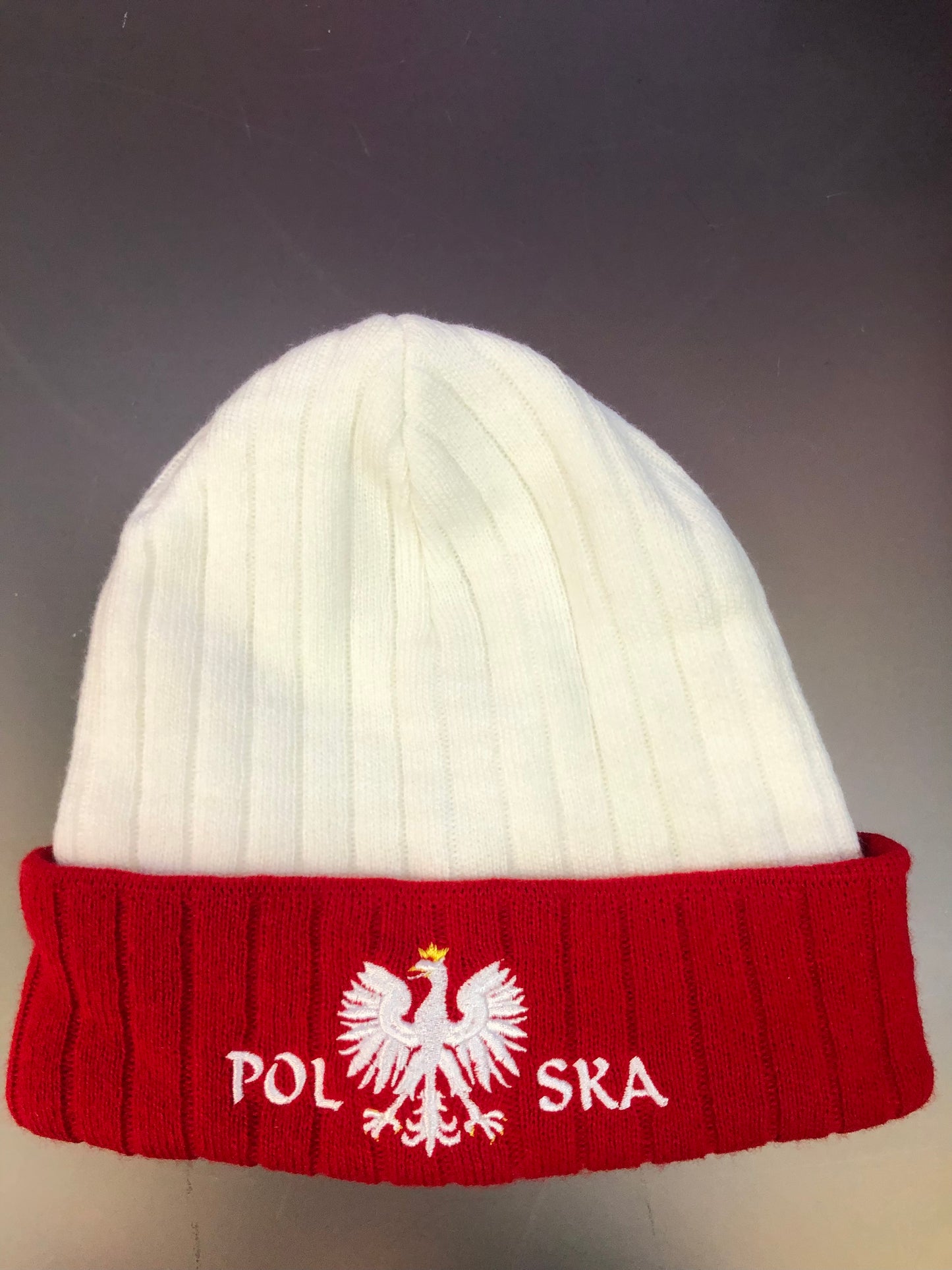 Polish Polska 1 Knit Winter Hat -WHITE/RED With  Eagle- Made in Poland