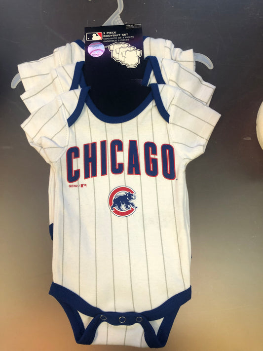 Chicago Cubs Infant Baby 3 Piece Body Suit Set "Lil' Jersey" White 3 Pack