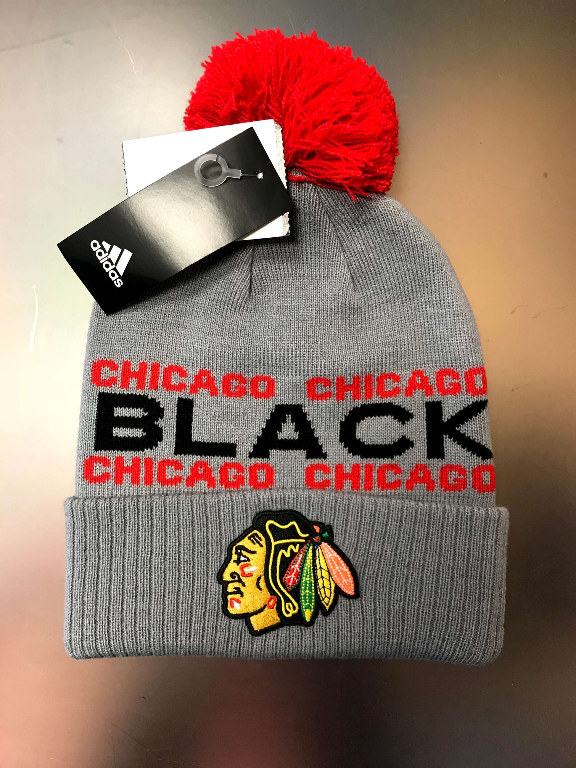 Chicago Blackhawks NHL Adidas City Style Cuffed Knit Hat With Pom - Gray