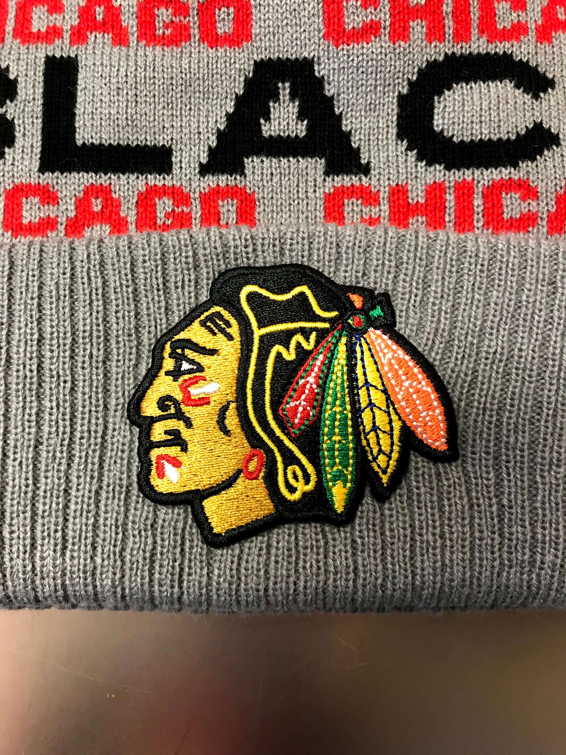 Chicago Blackhawks NHL Adidas City Style Cuffed Knit Hat With Pom - Gray