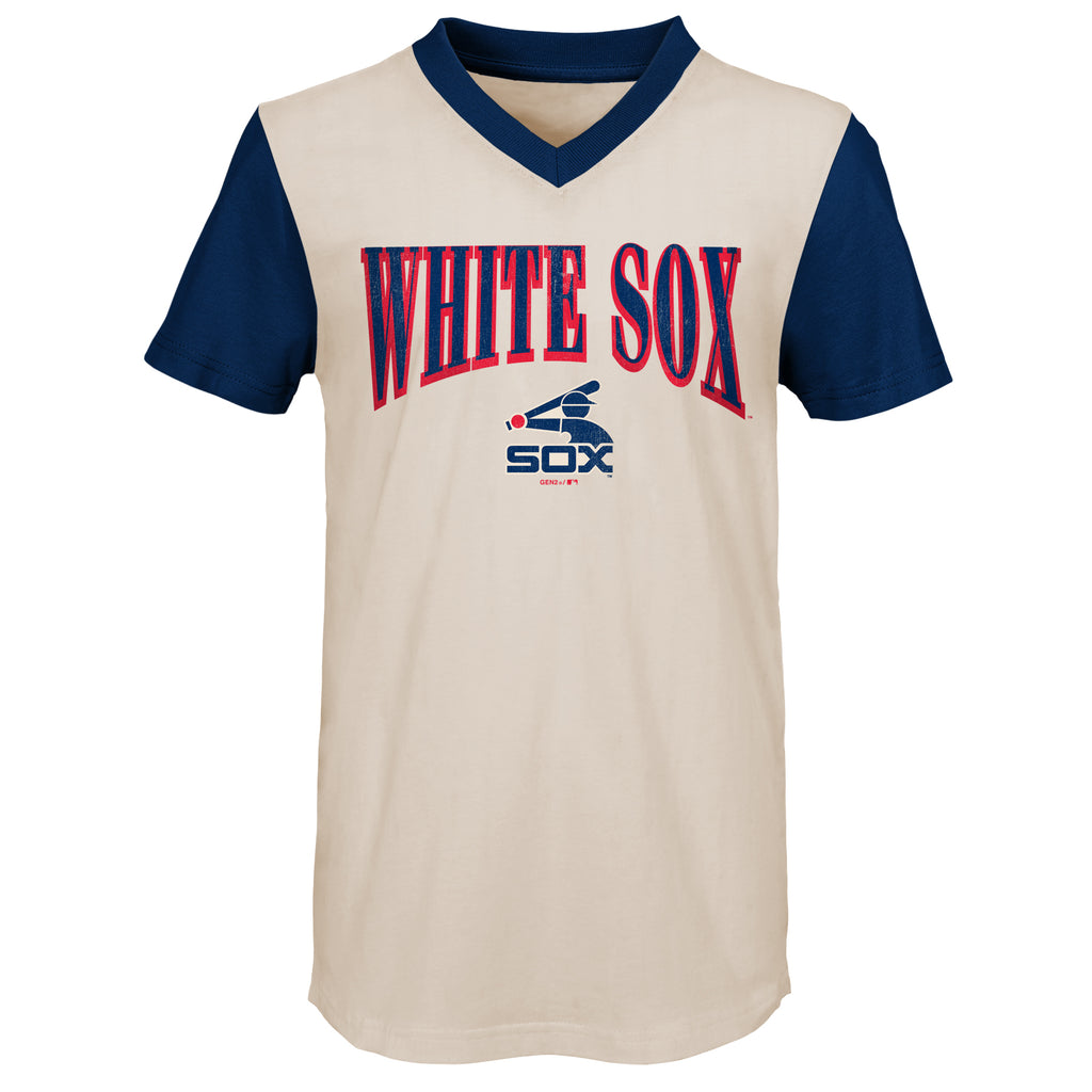 Chicago White Sox Youth Cooperstown Collection Heavy Hitter V-Neck T-Shirt - Cream/Navy Size: Large