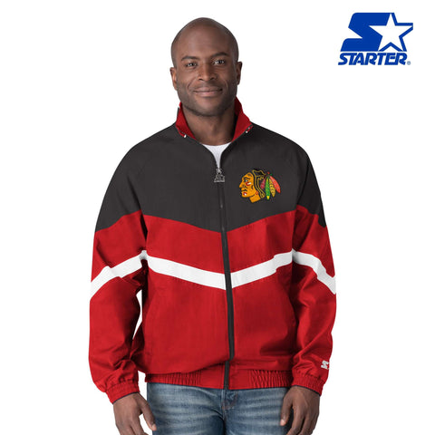 Men's Chicago Blackhawks Starter Cream/Red Defense Pullover Sweatshirt