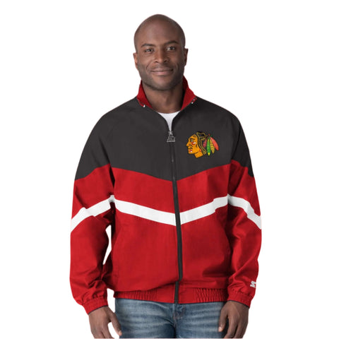 Men's Chicago Blackhawks Starter Cream/Red Defense Pullover Sweatshirt