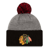 Chicago Blackhawks Men's New Era Gray/Black Flag Stated Cuffed Knit Hat with Pom