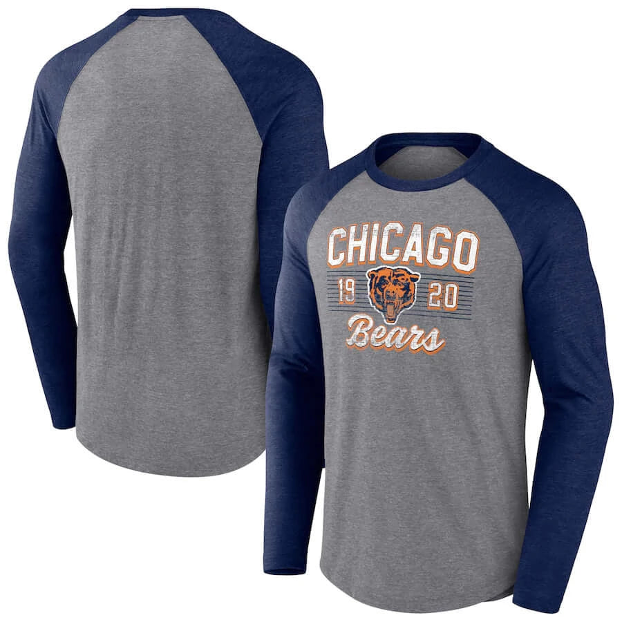 Chicago Bears Fanatics Branded Weekend Casual Tri-Blend Raglan Long Sleeve T-Shirt - Heathered Gray/Heathered Navy