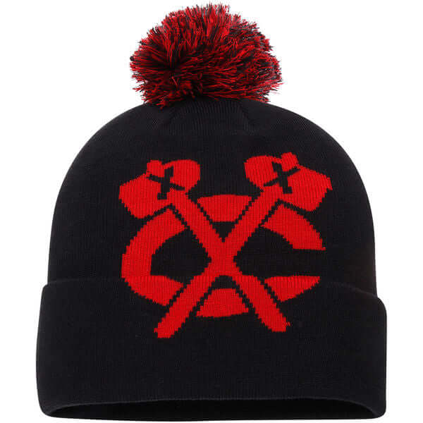 Chicago Blackhawks Iconic Team Pop Cuffed Knit Hat with Pom - Black