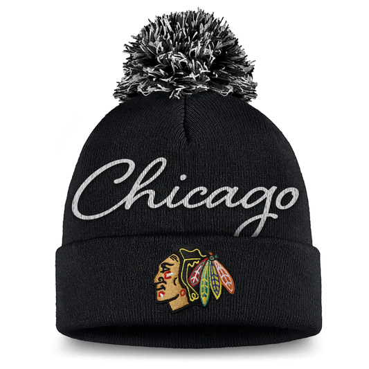 Women's Chicago Blackhawks NHL Cuffed Knit Hat With Pom - Black