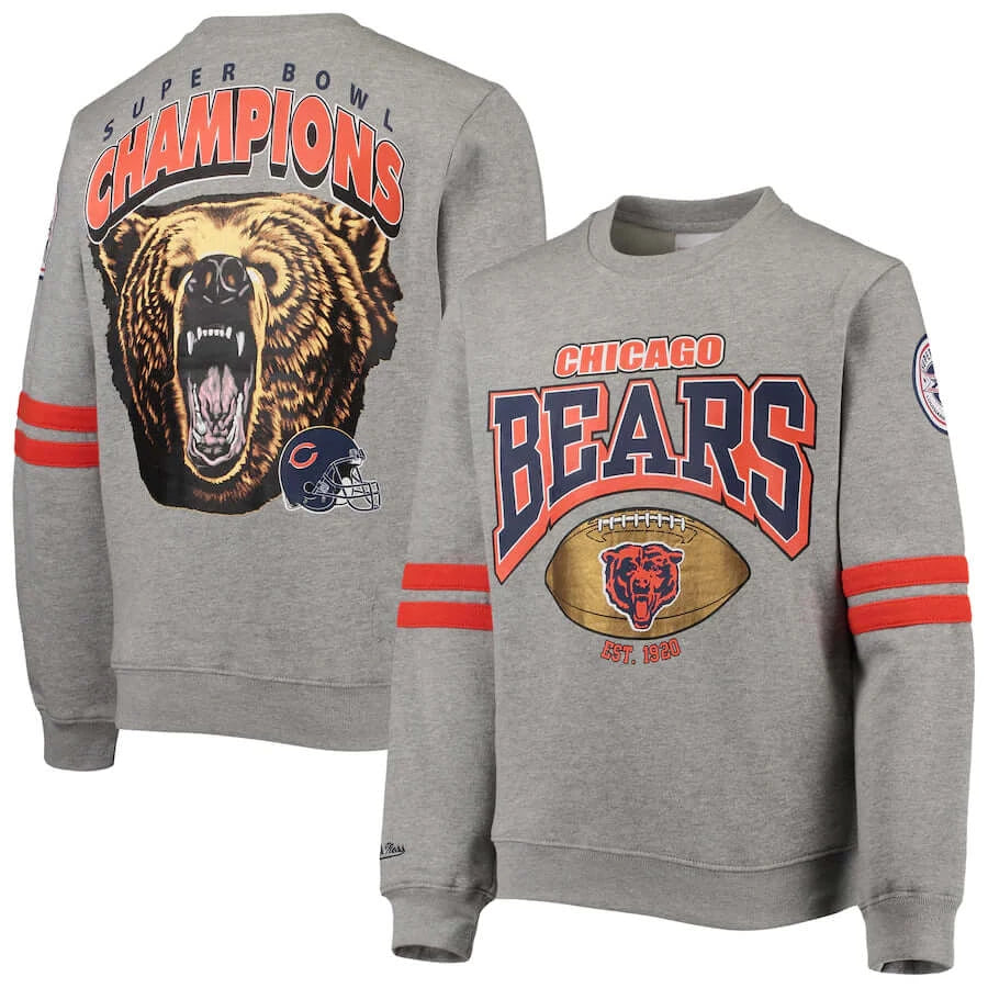 Youth Mitchell & Ness Heathered Gray Chicago Bears Allover Pullover Sweatshirt